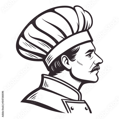 Profile of a chef in a toque wearing a uniform