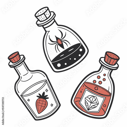 Three whimsical potion bottles with unique contents spider strawberry diamond