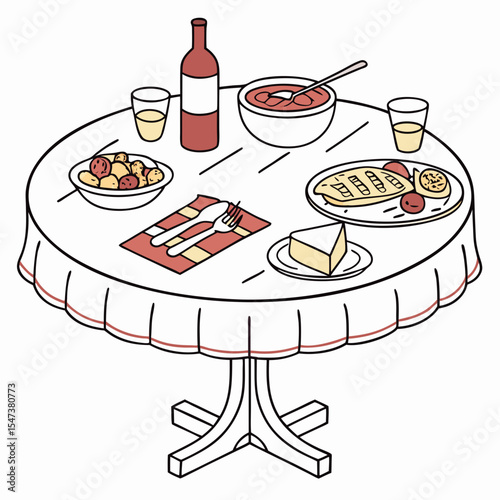 Delicious dinner table setting with wine and various dishes