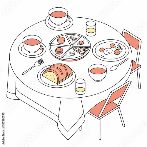 Delicious breakfast table setting with tea cakes and pastries