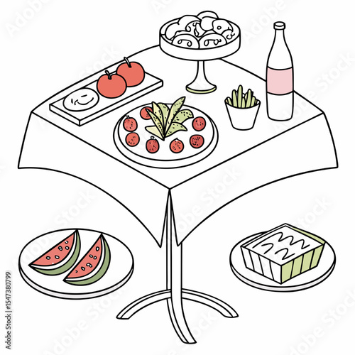 Tabletop with various food and drinks for a party