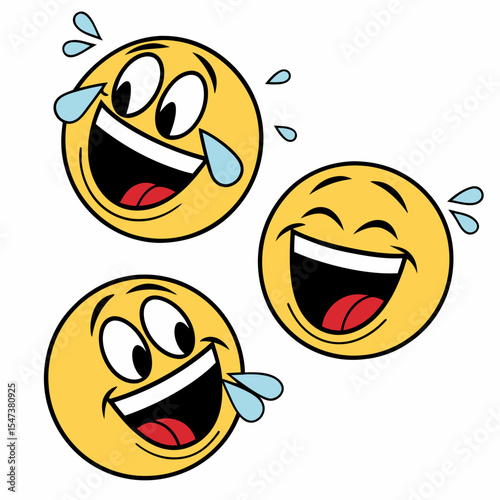 Three cartoon faces laughing hysterically tears streaming down