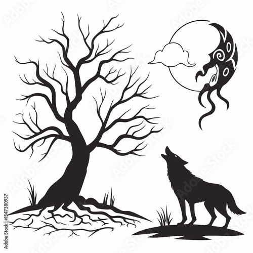 Howling wolf silhouette under moonlit bare tree