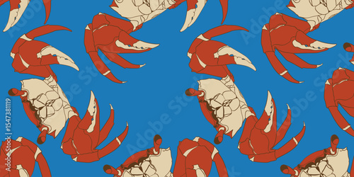 Hand drawn Crab. Seafood shop, restaurant menu, fish market, banner, poster, print template. Fresh seafood, shellfish product. Trendy Vector illustration. Flat design. Seamless Pattern.