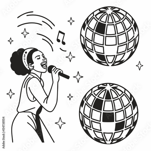 Singer with microphone and disco balls, clean cutout, transparent background