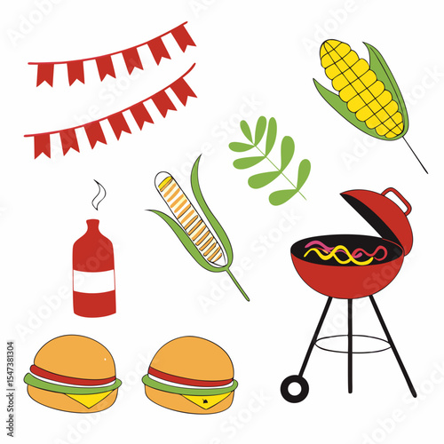 Festive bbq party food illustration with burgers corn and grill