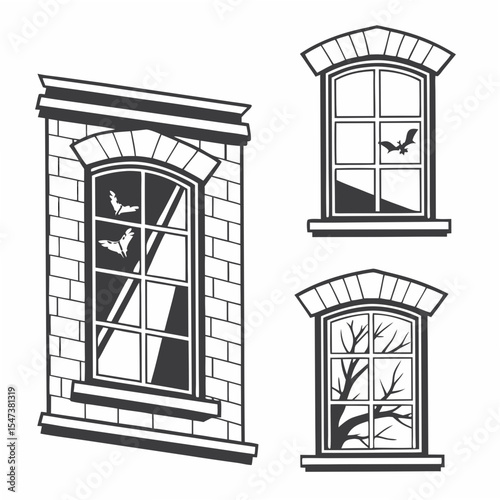 Professional vector illustration three windows bats tree branches transparent background