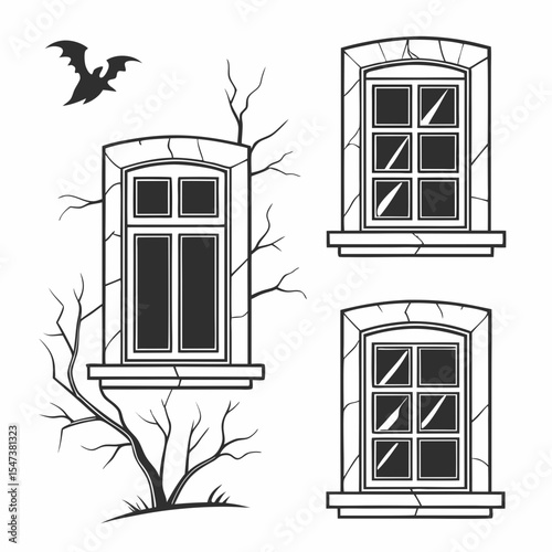 Haunted house windows halloween spooky bat tree branches