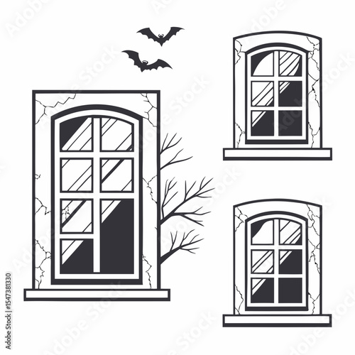 Haunted house windows bats spooky halloween illustration