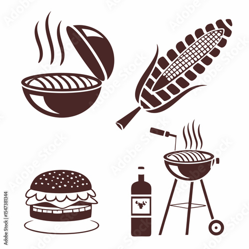Delicious bbq grill icons set burger corn wine