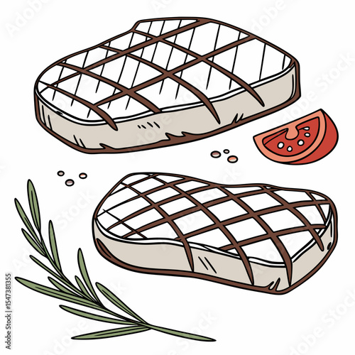 Delicious grilled steaks with rosemary and tomato slice