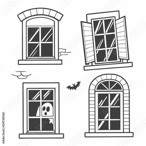 Four halloween windows isolated cutouts transparent background