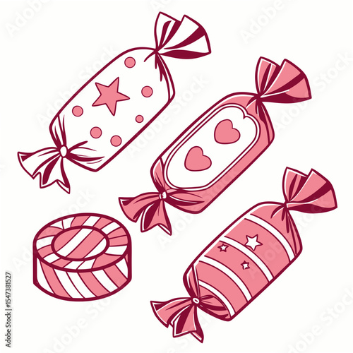 Delicious pink candies wrapped in festive packaging isolated on white