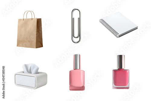A collection of everyday items including a paper bag, a paperclip, a notebook, tissue box, and pink nail polishes. Ideal for showcasing personal care and organization.