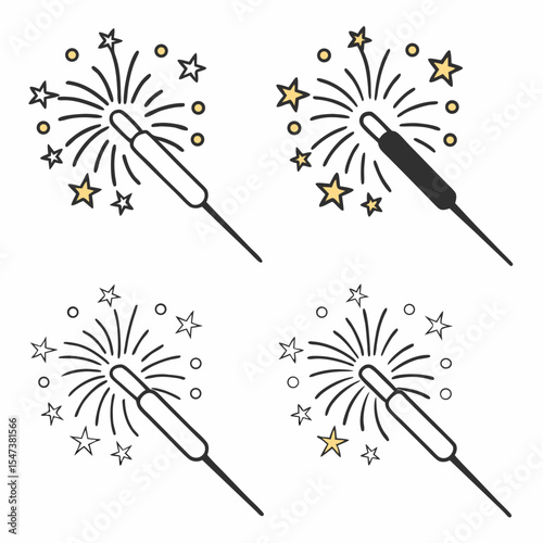 Four sparkling fireworks wand icons transparent background