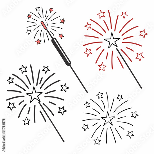 Four sparkling fireworks wand designs isolated on white background