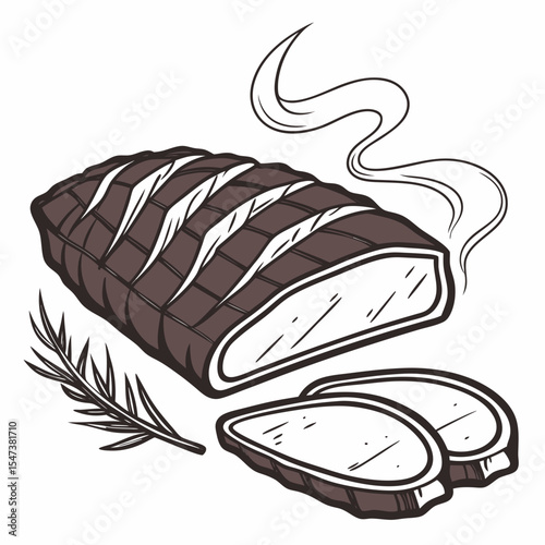 Delicious grilled steak slices rosemary garnish hot food