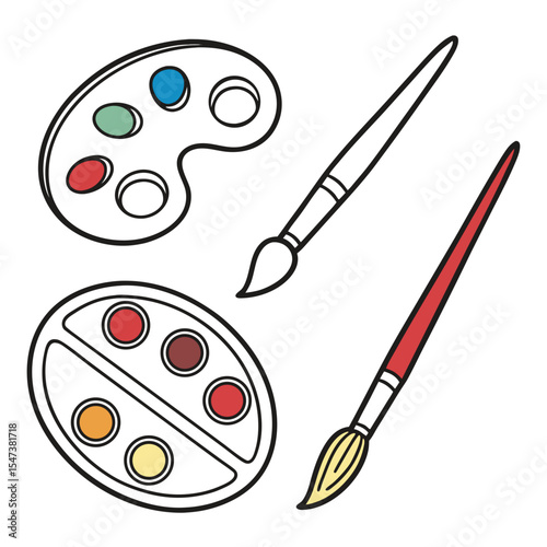 Colorful paint palette and paintbrushes art supplies illustration