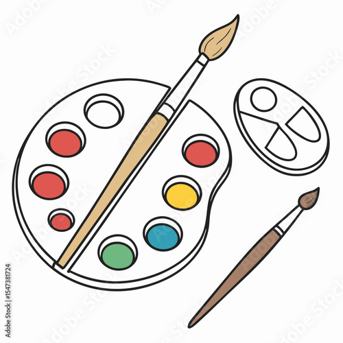 Colorful paint palette with paintbrushes art supplies illustration