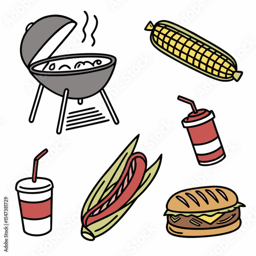 Summer bbq grill party food icons hot dog corn burger soda