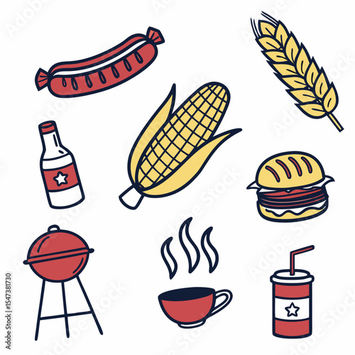 Summer bbq grill food icons hot dog corn burger drink