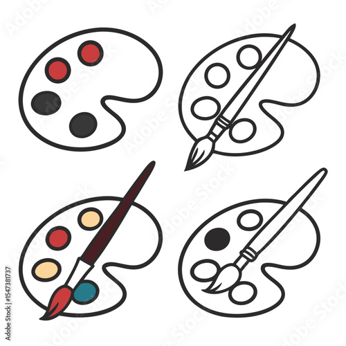Artist paint palettes with paintbrushes colorful design elements