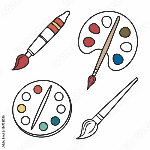 Colorful paint brushes and palettes art supplies illustration