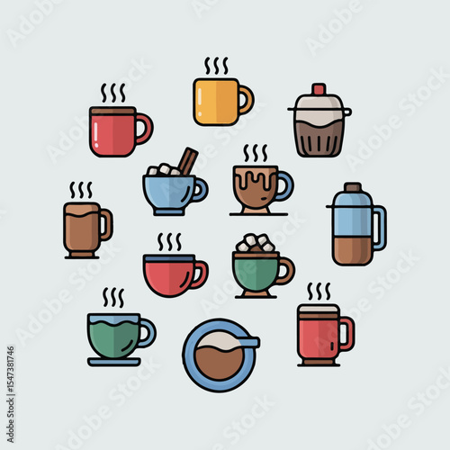  Flat icon set of hot drinks and coffee cups.
