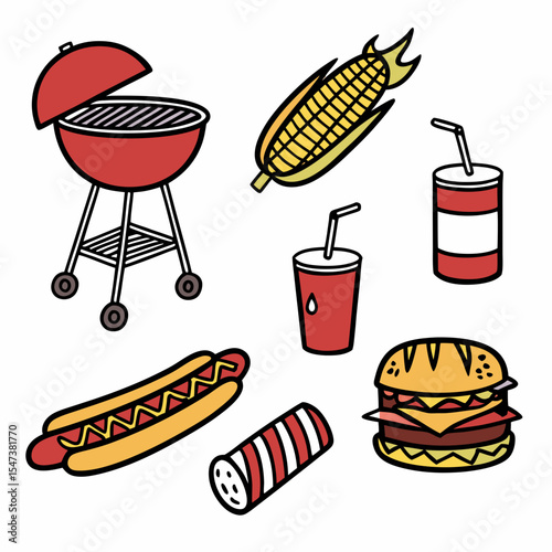 Delicious bbq grill food hot dog burger corn soda