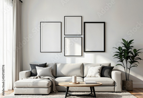 A bright, modern living room mockup featuring a gallery wall of four blank frames above a chic sectional sofa, perfect for showcasing your custom art.
