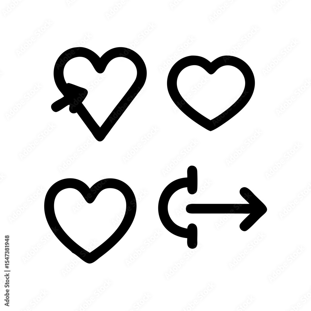 Heart and arrow combo icon set: 49 clean cutout silhouettes on white Heart and arrow combo icon set: 49 clean cutout silhouettes on white