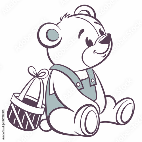 Adorable cartoon teddy bear sitting with basket