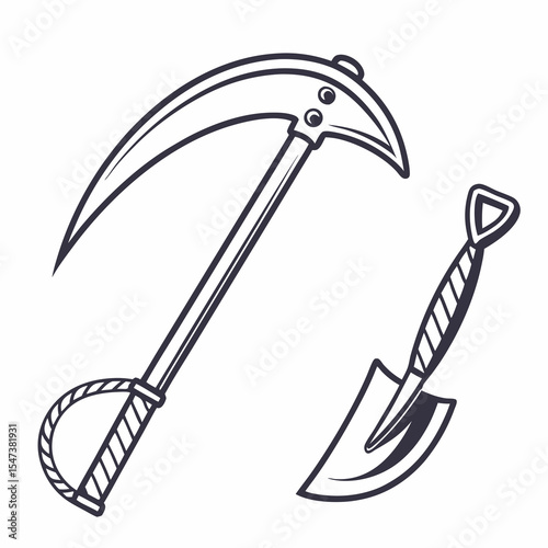 Hand drawn illustration of a curved sickle and a small shovel