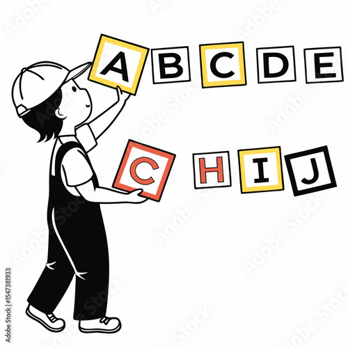 Child playing with alphabet blocks learning letters abcs preschool education