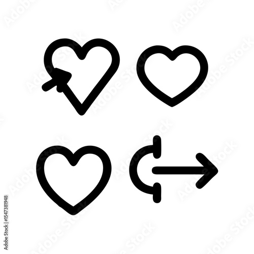 Heart and arrow combo icon set: 49 clean cutout silhouettes on white