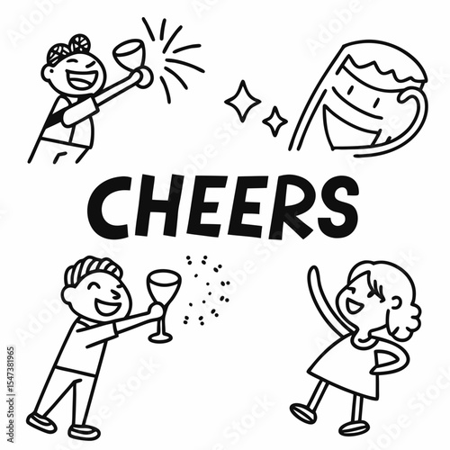 Cheers cartoon characters toasting drinks celebration clipart