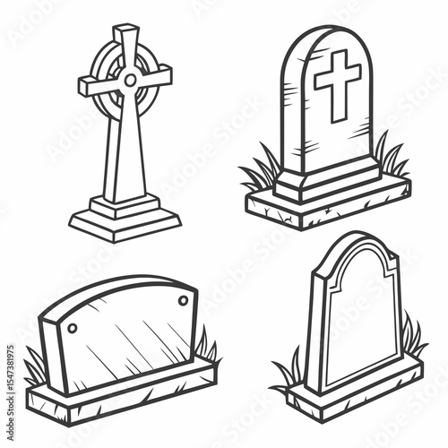 Four different styles of grave markers and crosses