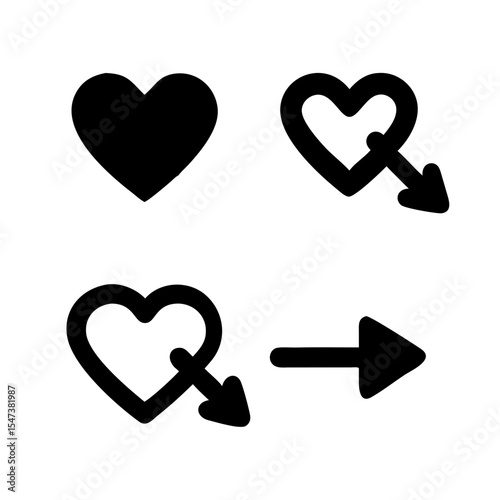 Heart and arrow combo icon set:  clean silhouette design for digital projects