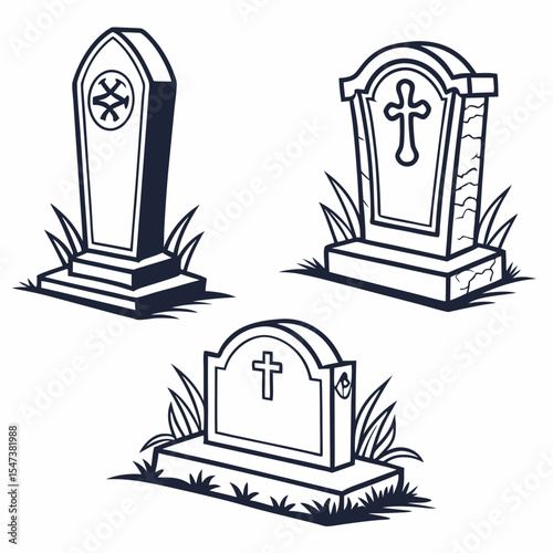 Three gravestones set cemetery memorials tombstones illustration
