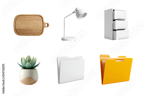 A minimalist workspace featuring essential items like a cutting board, lamp, refrigerator, drawer unit, succulent plant, and colorful folders, enhancing modern living aesthetics.