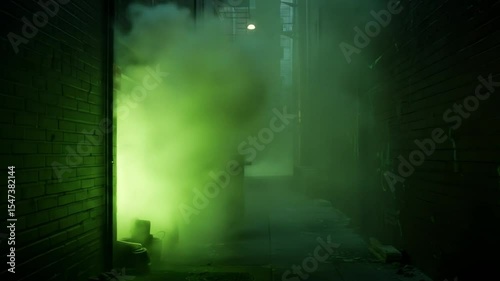 Green fog filled alleyway at night