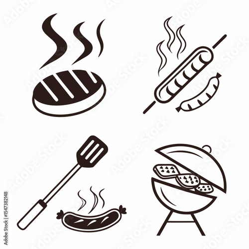 Delicious grilled food icons set barbecue steak sausage grill spatula