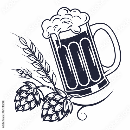 Frothy beer mug with wheat and hops illustration
