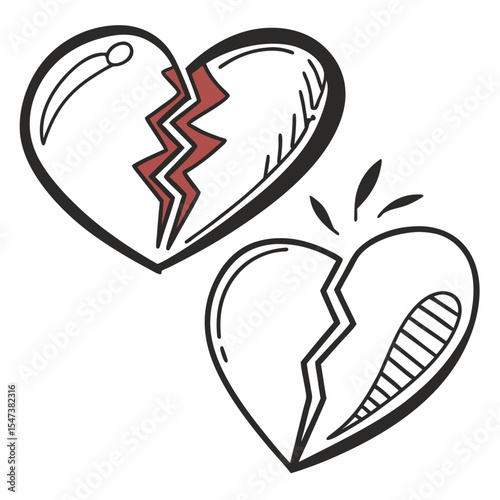 Two broken hearts hand drawn illustration design