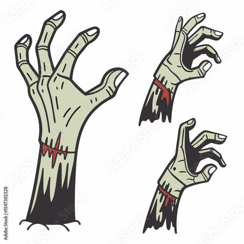Three zombie hands reaching up from graves halloween illustration