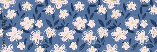 Seamless vector pattern with abstract flowers and leaves on a navy blue background. Hand drawn crayon texture floral. Template for design, ornament, cover, stationary, fabric, kids decor