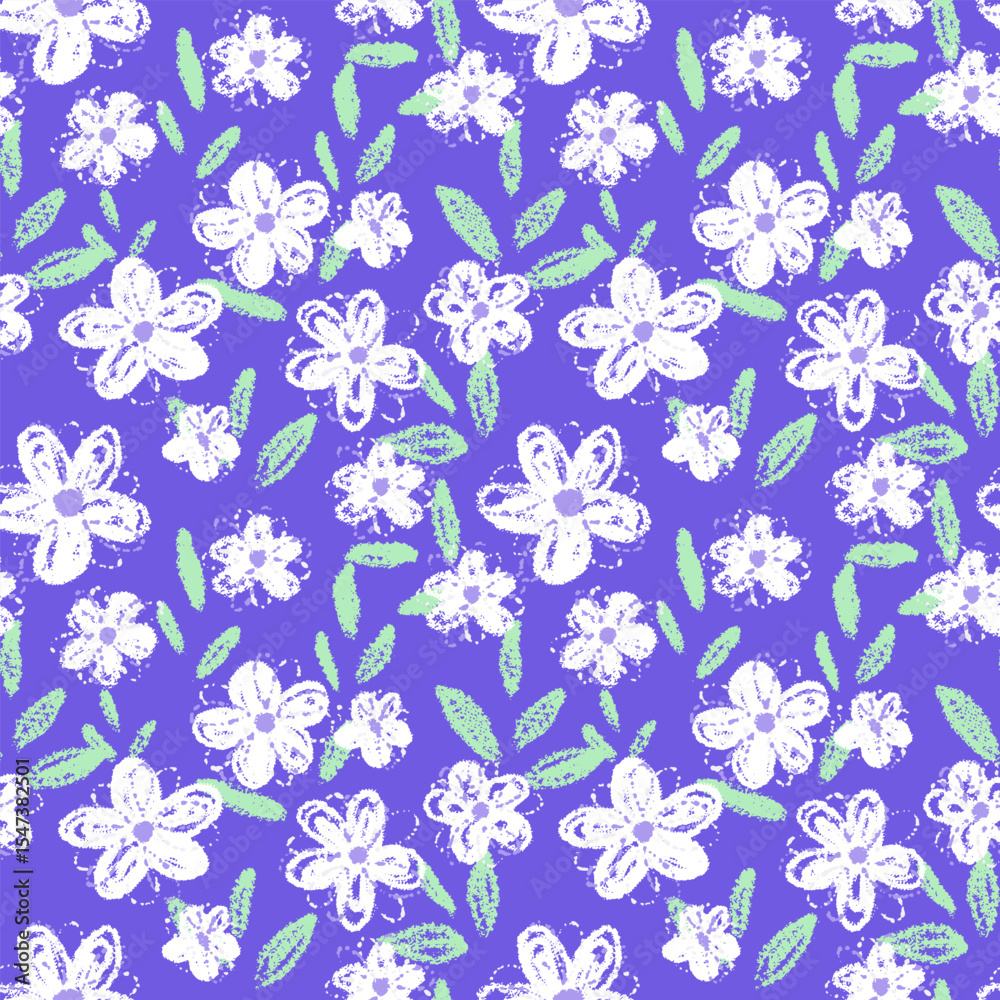 Obraz premium Seamless vector pattern with crayon style flowers and leaves on a violet, purple background. Playful and vivid design for kids, textiles, wrapping paper, summer and spring themes