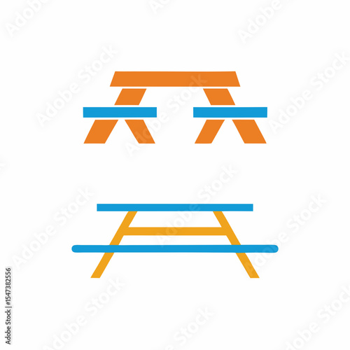Simple picnic table icons set orange blue design