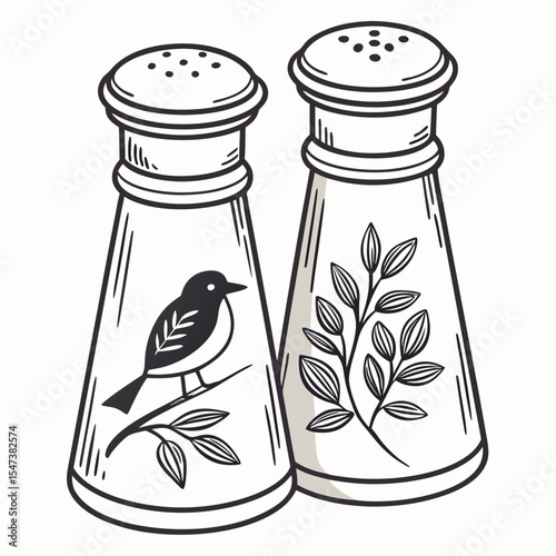 Salt and pepper shakers bird and leaf design