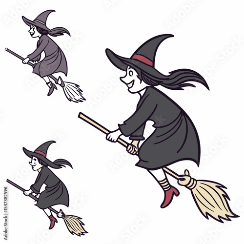 Happy halloween witch flying on a broom stick cartoon illustration